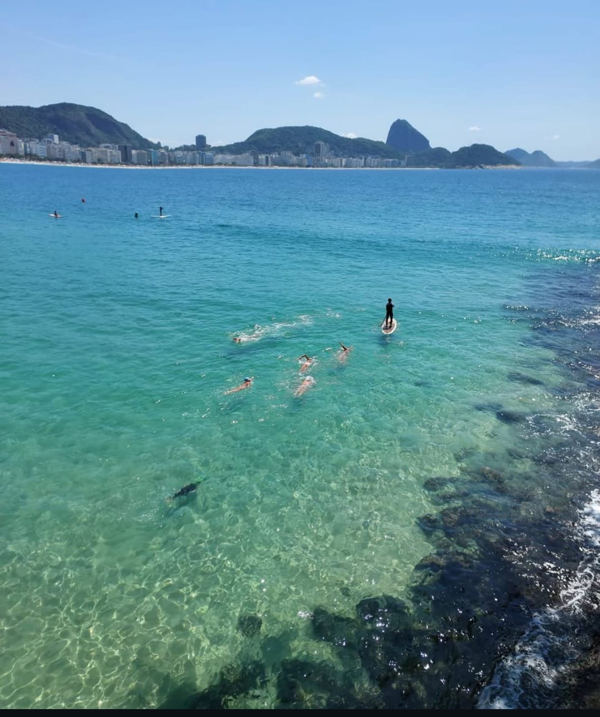 Aluna nadando em águas abertas com o sol da manhã em Copacabana